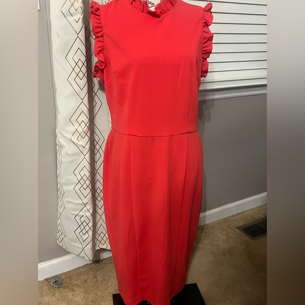💕Stunning Maggy London Coral Ruffle Sleeve Midi Dress, Size 14